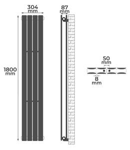 Vertikálny radiátor, stredové pripojenie, 1800 x 304 x 69 mm