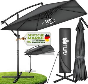 Tillvex® Obdĺžnikový hliníkový slnečník Ø 330 cm antracit + kryt s kľukou | Štvorcový konzolový slnečník so stojanom a vetrovkou | Hliníkový záhradný slnečník s UV ochranou | Slnečník s kľukou Vodotesný slnečník otočný o 360°