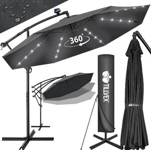 Tillvex hliníkový konzolový slnečník antracitový LED solárny Ø 350 cm s kľukou | slnečník s vypínačom | záhradný slnečník UV ochrana hliník | slnečník na kľuku so stojanom trhový slnečník vodotesný