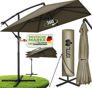 Tillvex® Hliníkový slnečník Obdĺžnikový Ø 330 cm Hnedý + kryt s kľukou | Štvorcový slnečník so stojanom a vetracím sklom | Záhradný slnečník Hliník s UV ochranou | Vodotesný slnečník s kľukou Otočný o 360°
