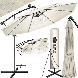 Tillvex Alu Ampelschirm Beige LED Solar Ø 300 cm mit Kurbel | Slnečník s vypínačom | Záhradný slnečník hliníkový s UV ochranou | Korbový slnečník so stojanom Trhový slnečník vodotesný