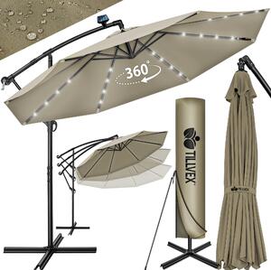 Tillvex hliníkový konzolový slnečník hnedý LED solárny Ø 350 cm s kľukou | slnečník s vypínačom | záhradný slnečník UV ochrana hliník | slnečník na kľuku so stojanom trhový slnečník vodotesný