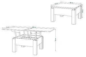 OSLO dub sonoma / biely mat, rozkladací konferenčný stolík s výškovo nastaviteľnou stolovou doskou