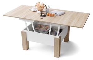 OSLO dub sonoma / biely mat, rozkladací konferenčný stolík s výškovo nastaviteľnou stolovou doskou