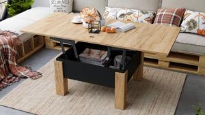 OSLO dub craft zlatý / čierna, rozkladací konferenčný stolík s výškovo nastaviteľnou stolovou doskou