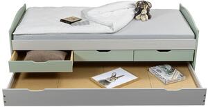 Detská posteľ z masívu 90x200cm s prístelkou a úložným priestorom Zani - zelená/šedá