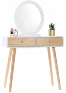 Biely drevený toaletný stolík so zrkadlom a taburetkou