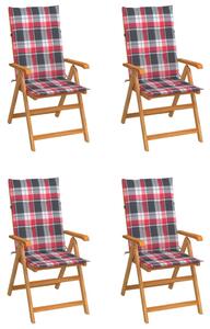 Záhradné stoličky 4ks, červené kockované podložky, tíkový masív