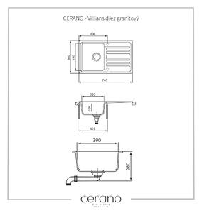 Cerano Villians, drez granitový, 1-komorový s odkvapkávačom, 765x460x190 mm, čierna metalická, CER-LIVSQ101-B