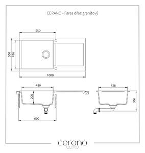 CERANO - Fares drez granitový, 1-komorový s odkvapkávačom, 1000 x 500 mm - čierna matná