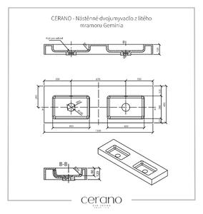 CERANO - Nástenné dvojumývadlo z liateho mramoru Geminia s podpornou konzolou - biela matná/čierna matná - 133x46x45 cm
