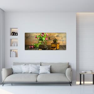Obraz - tulipány, mlynček a káva (120x50 cm)