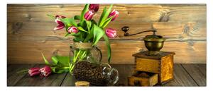 Obraz - tulipány, mlynček a káva (120x50 cm)