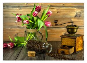 Obraz - tulipány, mlynček a káva (70x50 cm)