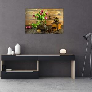 Obraz - tulipány, mlynček a káva (90x60 cm)