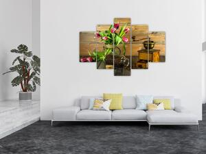 Obraz - tulipány, mlynček a káva (150x105 cm)