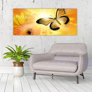 Obraz - Žltý motýľ s kvetom (120x50 cm)