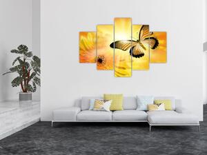 Obraz - Žltý motýľ s kvetom (150x105 cm)