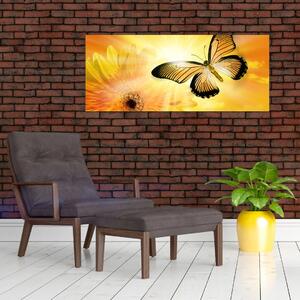 Obraz - Žltý motýľ s kvetom (120x50 cm)