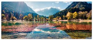 Obraz - Jazero Jasna, Gozd Martuljek, Julské Alpy, Slovinsko (120x50 cm)