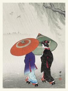Umelecká tlač Geisha in the Rain / Wearing Traditional Kimono (Japandi Vintage) - Ohara Koson, (30 x 40 cm)