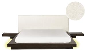 Posteľ v japonskom štýle tmavý jaseň 160 x 200 cm nízky drevený rám postele z MDF buklé čelo nočné stolíky LED osvetlenie