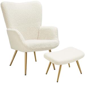 Kreslo Hygge polstrované, ergonomické, nosnosť 150 kg - S podnožkou, Bouclé krémová/zlatá