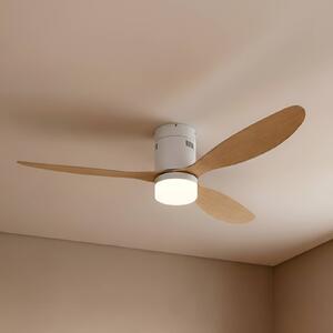 Lucande LED stropný ventilátor Kayu, biela/drevená, DC, 132 cm, Svetlé drevo, Obývacia izba / jedáleň, Plast, Moderný
