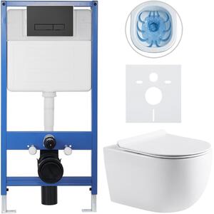 CERANO - Kompletný podomietkový WC set Lite/Felci - biela lesklá - WC tlačidlo Slim, čierne matné - predstenová inštalácia / sadrokartón - 52,5x36 cm
