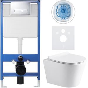 CERANO - Kompletný podomietkový WC set Lite/Norbi - biela lesklá - WC tlačidlo Slim, chróm - predstenová inštalácia / sadrokartón - 48,5x36,5 cm