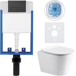 CERANO - Kompletný podomietkový WC set Lite/Norbi - biela lesklá - WC tlačidlo Slim, čierne matné - na zamurovanie - 48,5x36,5 cm