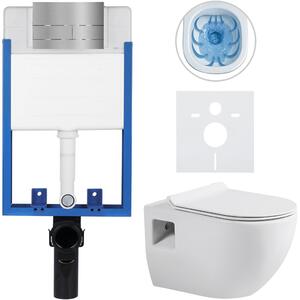 CERANO - Kompletný podomietkový WC set Lite/Dure - biela lesklá - WC tlačidlo Line, nerez - na zamurovanie - 51x35 cm