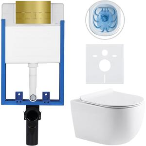 CERANO - Kompletný podomietkový WC set Lite/Felci - biela lesklá - WC tlačidlo Line, zlatá - na zamurovanie - 52,5x36 cm