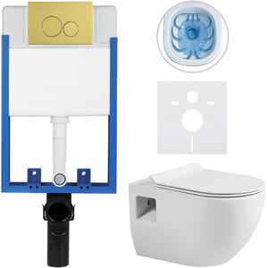 CERANO - Kompletný podomietkový WC set Lite/Dure - biela lesklá - WC tlačidlo Duo, zlatá - na zamurovanie - 51x35 cm