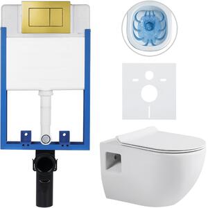 CERANO - Kompletný podomietkový WC set Lite/Dure - biela lesklá - WC tlačidlo Classic, zlatá - na zamurovanie - 51x35 cm