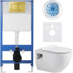 CERANO - Kompletný podomietkový WC set Lite/Dure - biela lesklá - WC tlačidlo Classic, zlatá - predstenová inštalácia / sadrokartón - 51x35 cm