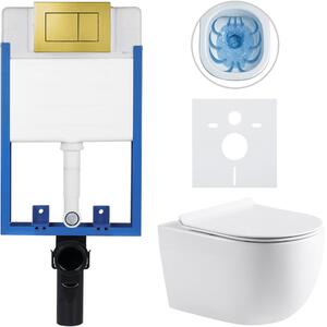 CERANO - Kompletný podomietkový WC set Lite/Felci - biela lesklá - WC tlačidlo Classic, zlatá - na zamurovanie - 52,5x36 cm