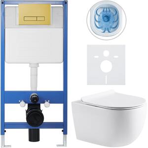 CERANO - Kompletný podomietkový WC set Lite/Felci - biela lesklá - WC tlačidlo Slim, zlatá - predstenová inštalácia / sadrokartón - 52,5x36 cm