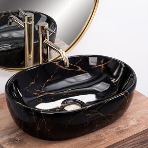 Rea Amelia Marble, keramické umývadlo na dosku 48x35 cm, lesklá čierna vzor Marble mramor, REA-U8000