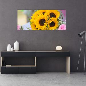 Obraz svadobnej kytice zo slnečníc (120x50 cm)