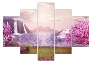 Obraz ružových stromov s jazerom (150x105 cm)