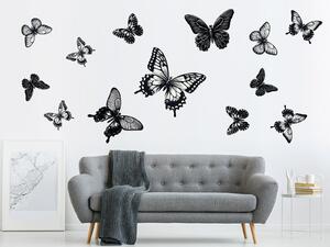 Nalepte.cz Motýle čierne 13 ks textilní prelepiteľné nálepky na stenu arch 20 x 20 cm