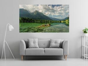 Nalepte.cz Jazero a hory textilní prelepiteľná nálepka na stenu 48 x 27 cm