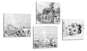 Set obrazov čiernobiele lucerničky s kyticou