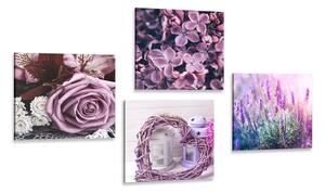 Set obrazov nádherné fialové kvetiny so srdiečkom
