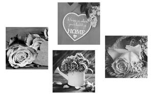 Set obrazov čiernobiele kvetiny s nápisom Home