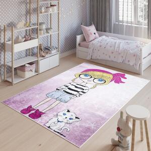 Detský koberec do dievčenskej izby s mladou slečnou a mačkou Šírka: 80 cm | Dĺžka: 150 cm