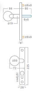 Dverové kovanie ACT Eura UŠ (NEREZ), kľučka-kľučka, Otvor pre obyčajný kľúč BB, AC-T Nerez, 72 mm