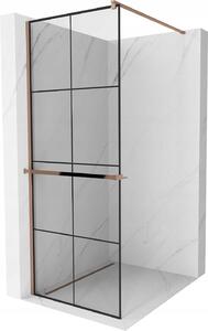 Mexen, Mexen Kioto+ ścianka prysznicowa z półką i relingiem 70 x 200 cm, transparent/czarny wzór 8 mm, różowe złoto - 800-070-121-60-77
