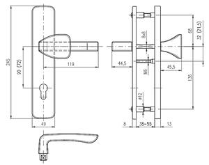 Bezpečnostné kovanie ROSTEX BK 802 ASTRA (CHRÓM-NEREZ), kľučka pravá / madlo, Otvor na cylindrickú vložku PZ, ROSTEX Chróm lesklý-nerez, 72 mm
